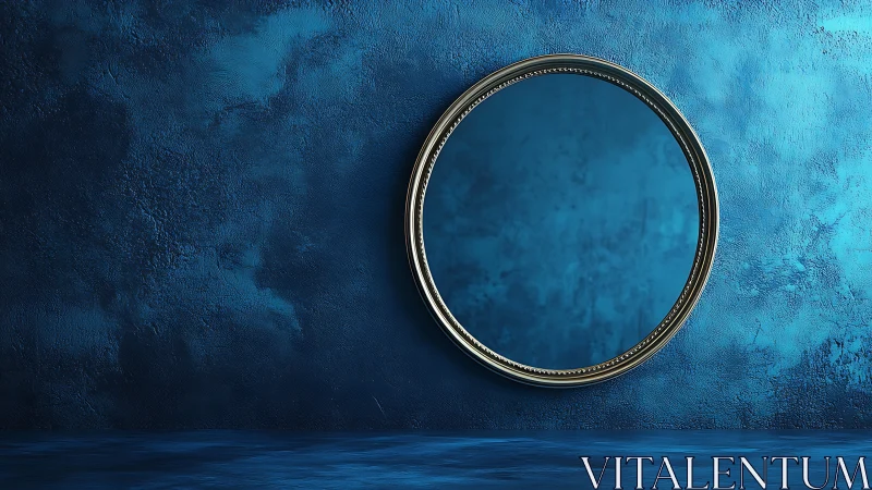 Round mirror rests on deep blue textured wall in calm light
