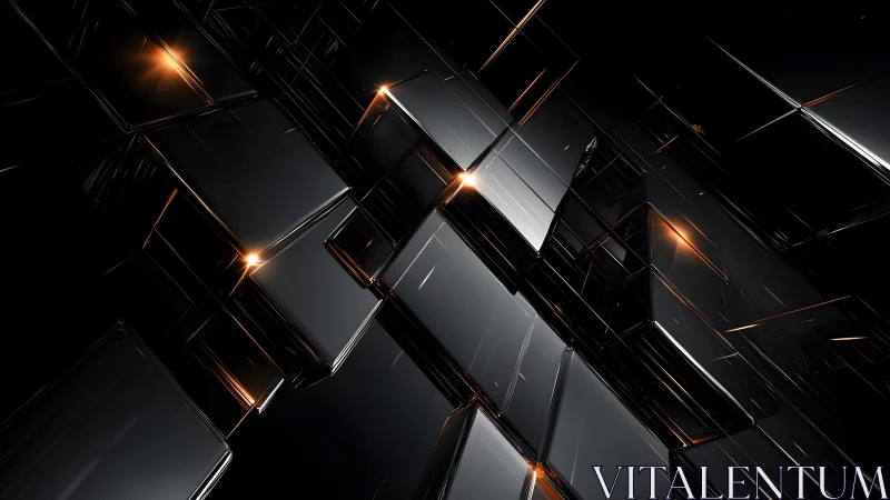 Futuristic black geometric cubes with glowing orange highlights.