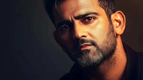 Strong, thoughtful man gazes into warm, cinematic light softly