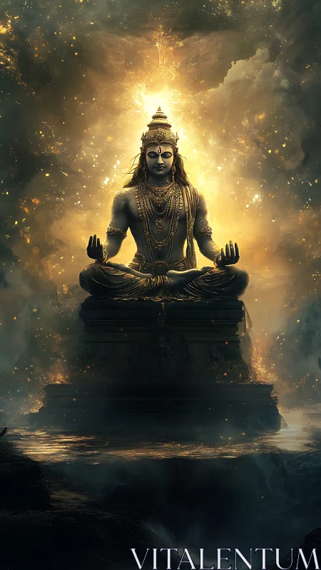 Divine meditator in radiant celestial blaze of light.