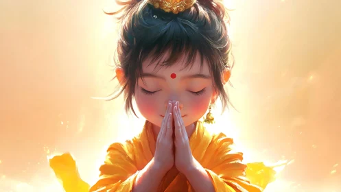 Digital child figure in orange robe with hands joined in prayer.