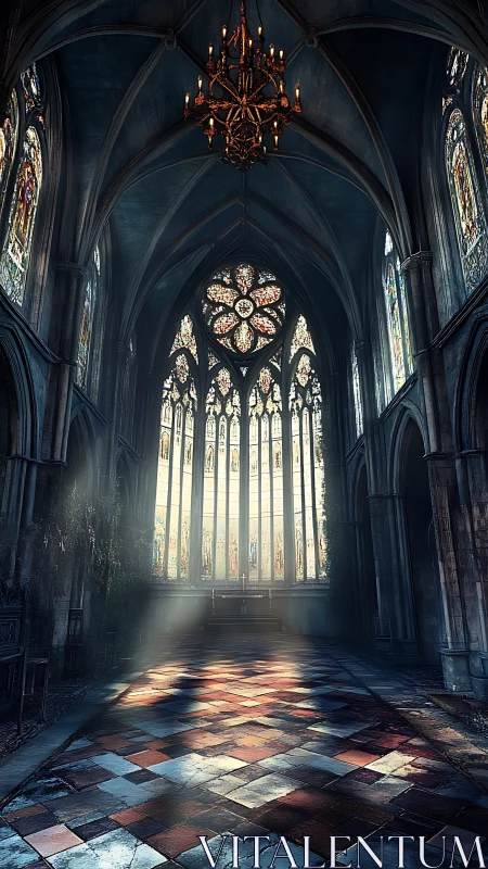 Gothic cathedral nave with stained glass and volumetric light.