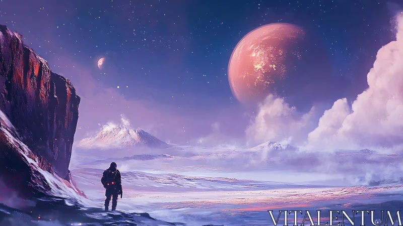 Solitary explorer on icy alien plain under giant planet.