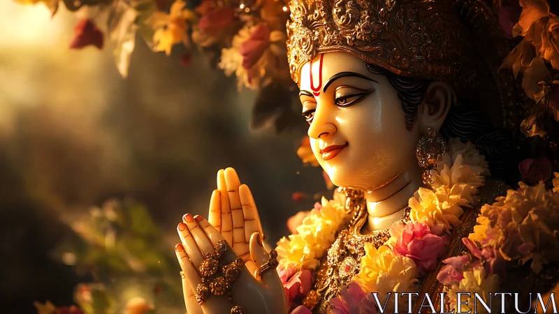 Sacred deity sculpture in floral garland and warm light.