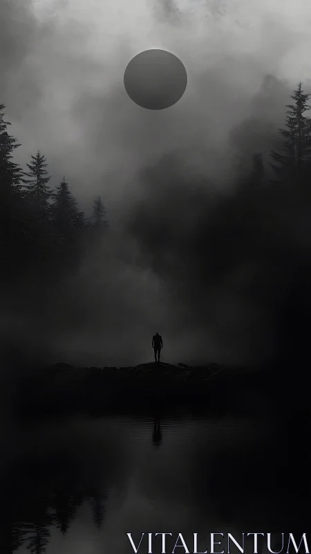 Lone figure under dark sphere in dense foggy forest.