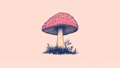 Stylized pink toadstool illustration with clean pastel field.