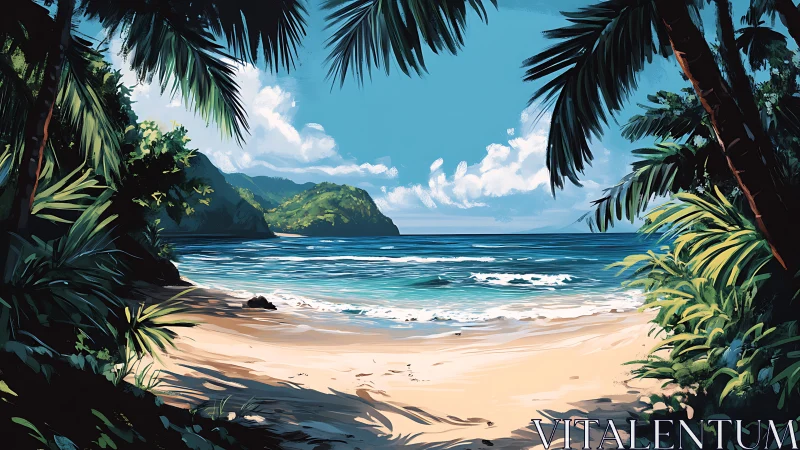 Tropical Beach Cove Framed by Palm Foliage.