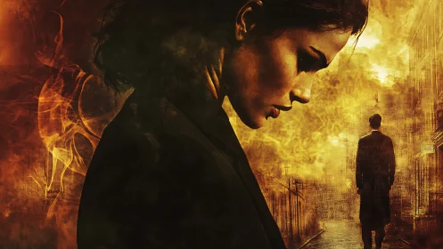 Somber woman in fiery haze watches distant lone figure.