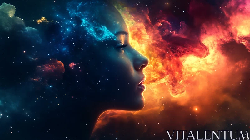 Cosmic profile silhouette fused with glowing nebula clouds.