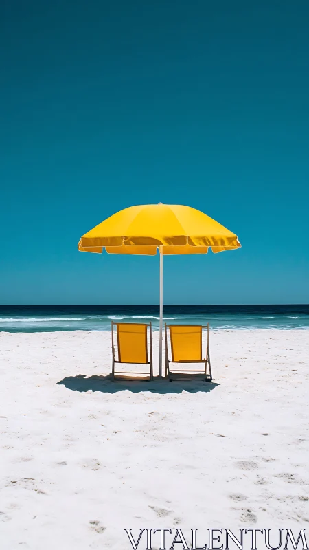 Minimalist yellow beach setup on white sand shoreline.