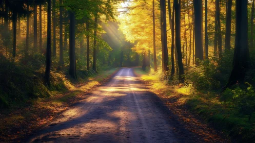 Sunlit forest road with tall trees and golden light rays
