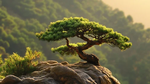 Solitary bonsai pine on sunlit cliff at golden hour.