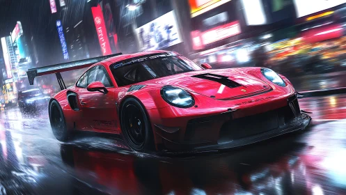 Red GT race car powers through neon soaked city streets.