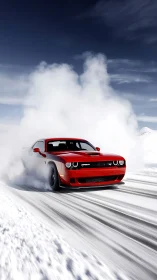 Red muscle car drifts through snowy landscape at speed.
