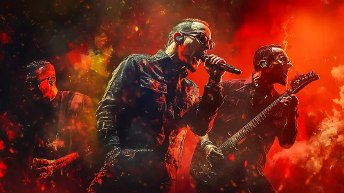 Rock musicians perform on stage within fiery digital artwork