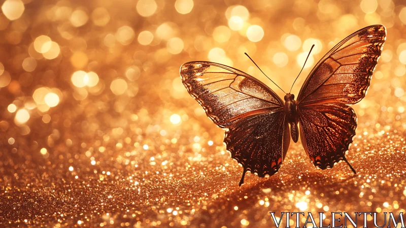 Macro butterfly on glittering golden bokeh background surface