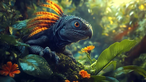 Bioluminescent jungle drake with iridescent plumage resting.