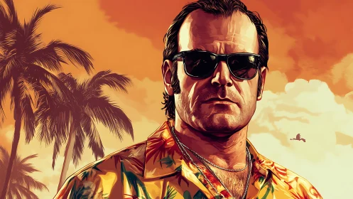 Bold vacation rebel stands beneath glowing tropical sky