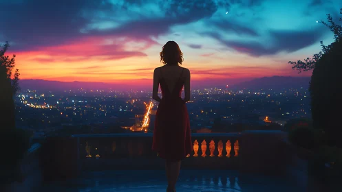 Twilight city balcony with quiet dreamer in a red dress.