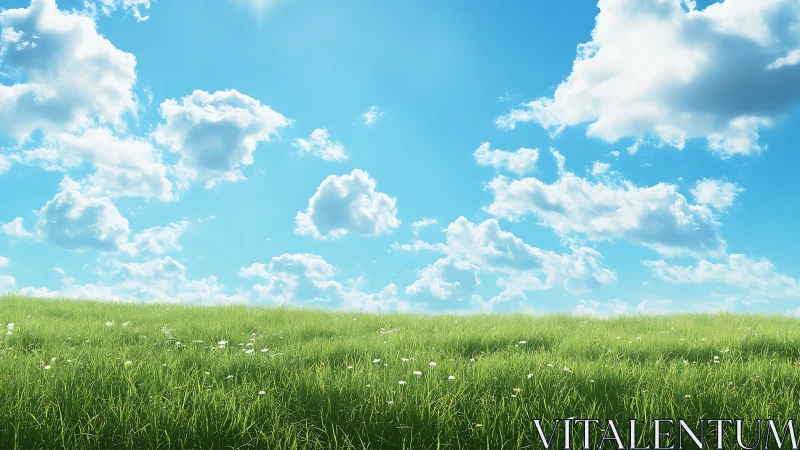 Sunlit grassy meadow stretches under soft drifting clouds