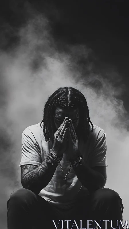 Low-key monochrome portrait of contemplative seated subject.