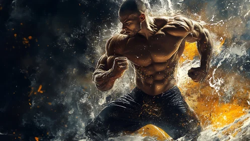 Digital painting of explosive muscular athlete in dynamic splash composition.