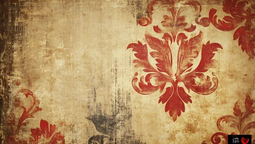 Distressed red damask motif on aged parchment-style background