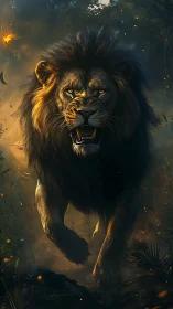 Combustive dusk charge of a hyper-detailed male lion.