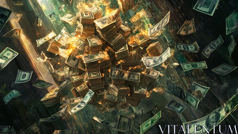 Exploding vortex of dollar bills shatters a dark neon cityscape.