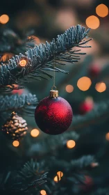 Red bauble ornament on frosted fir branch with bokeh lights.