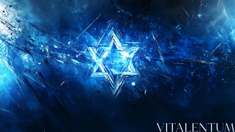 Crystal Star of David ignites fractured cosmic blue field.
