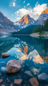 Golden alpine peak reflects in a tranquil turquoise lake at dawn