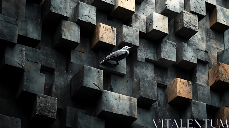 Solitary bird threading through a maze of weathered cubes.