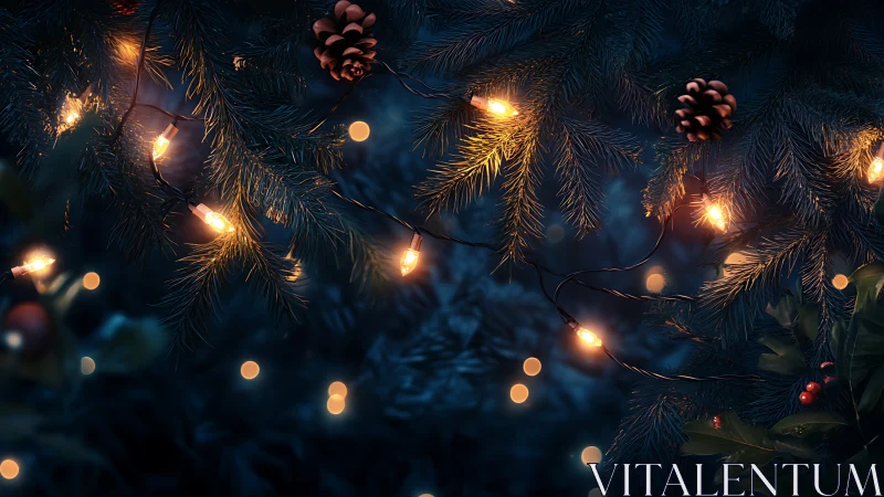 Cozy pine branches glowing with gentle holiday lights.