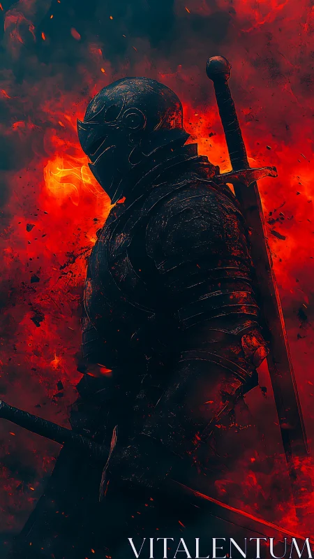 Incandescent armored swordsman emerging from turbulent plasma field.