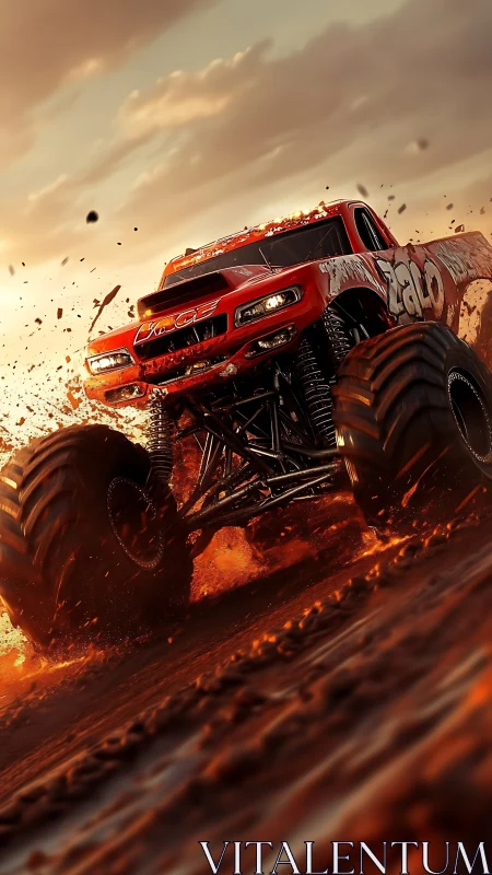 Red off-road monster truck on muddy track at sunset.