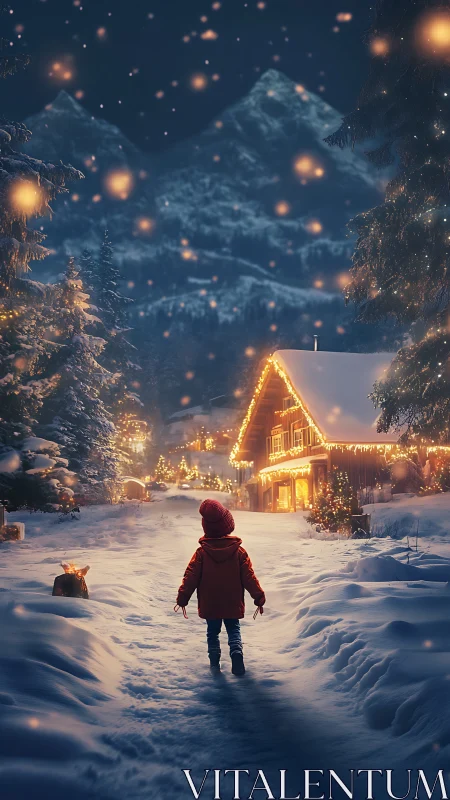 Child approaches illuminated cabin in snowy alpine evening.