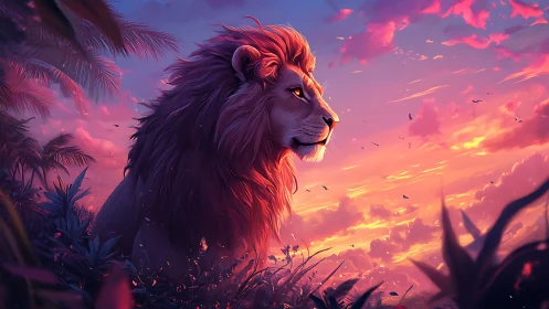 Majestic lion profile against vivid tropical sunset sky.