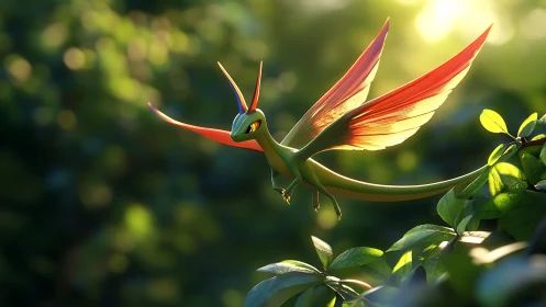 Green winged creature hovers above foliage in backlit forest