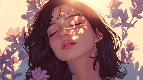 Serene woman bathes in warm floral shadowed sunset light