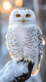 Snowy owl with vivid amber eyes on frosted branch.