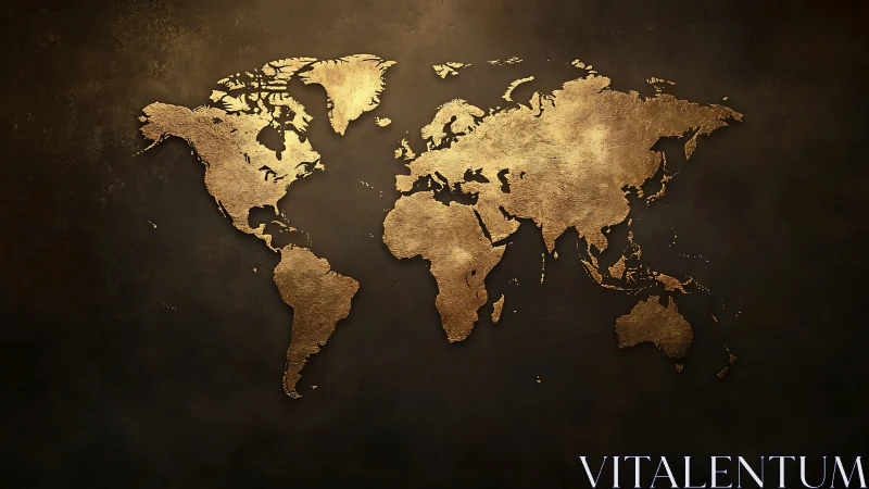 Metallic world map silhouette rendered on dark textured ground