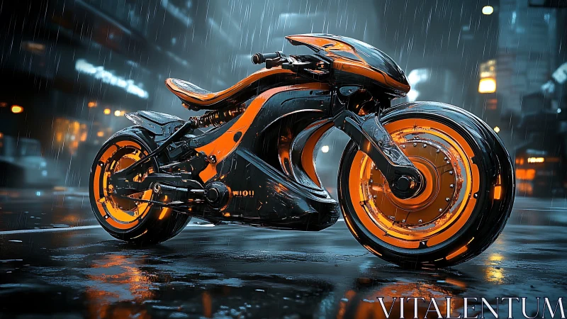 Cyberpunk electric motorcycle with neon orange trim in rain.