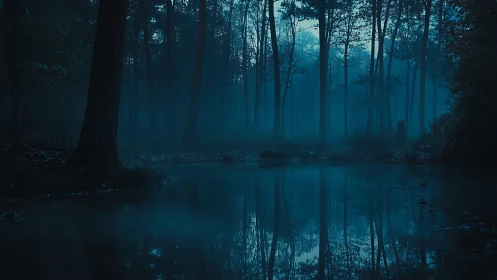 Moody blue forest pond with dark trees at dusk.
