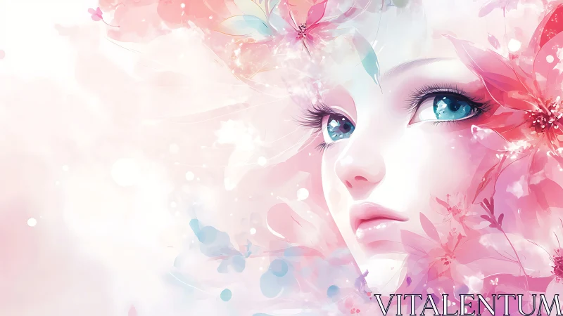 Ethereal anime portrait merges crystalline eyes and floral light