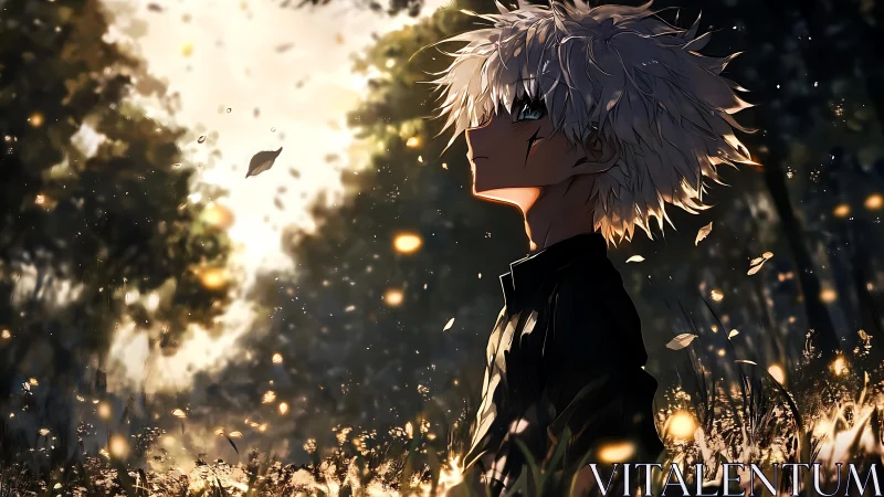 White-haired boy stands in glowing forest dusk light