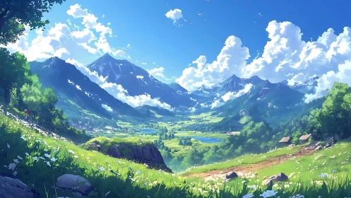 Digital painting landscape with alpine valley depth and clouds.