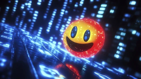 Smiling neon orb surfing through a glowing cyber nightscape.