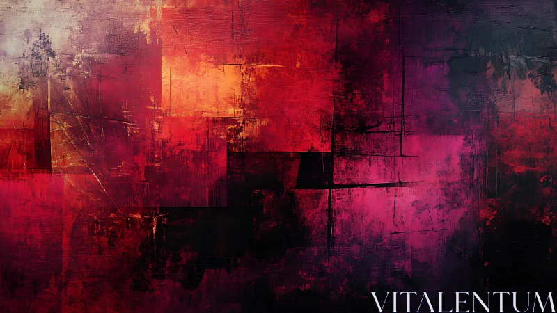 Abstract geometric painting in vivid red and purple tones, textured style.