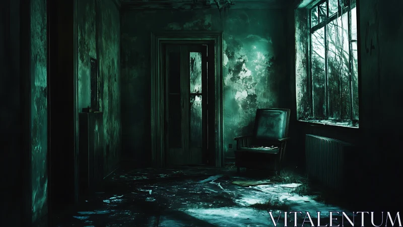 Moody abandoned room washed in eerie green twilight.
